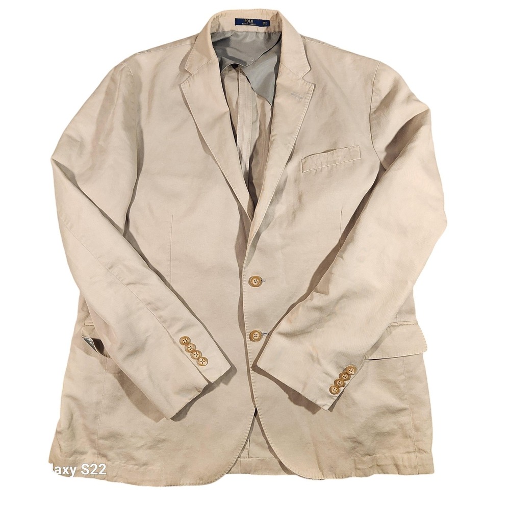 Vintage Polo Ralph Lauren Sport Coat Mens Large Tan Khaki Linen Cotton Blend